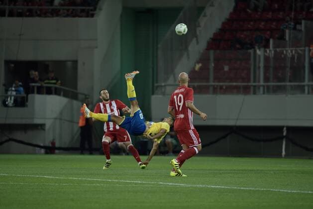 Greece: UEFA Europa League First playoff round, Game 2 Attempt of player of Arouca for goal against Olympiacos Final score, Olympiacos got 2 points while the Arouca got 1 point.  DimitriosxKarvountzisx xPacificxPress