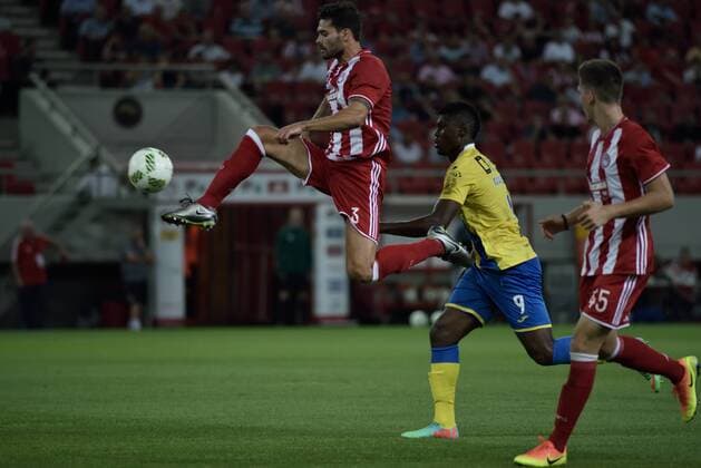 Greece: UEFA Europa League First playoff round, Game 2 Alberto Botia (no 3) of Olympiacos stops the ball in front of Marlon de Jesus (no 9) of Arouca. Final score, Olympiacos got 2 points while the Arouca got 1 point.  DimitriosxKarvountzisx xPacificxPress