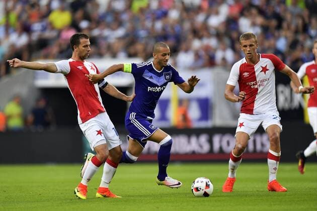 BRUSSELS, BELGIUM - AUGUST 25 : Sofiane Hanni midfielder of RSC Anderlecht forces his way past Josef Husbauer midfielder of SK Slavia Praha FOOTBALL : Anderlecht vs Slavia Praha - Europa League - Bruxelles - 25 08 2016 PhotoNews Panoramic 