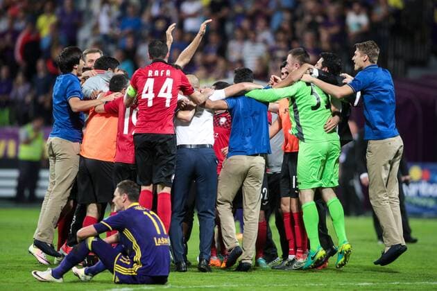 25.08.2016, Ljudski vrt, Maribor, SLO, UEFA EL, NK Maribor vs Gabala FK, im Bild Players of Gabal celebrate during the UEFA Europaleague Play off 2nd Leg Match between NK Maribor and Gabala FK at the Ljudski vrt in Maribor, Slovenia on 2016 08 25. Maribor  EP_stida  