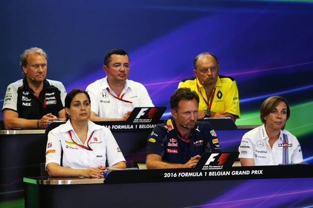 Belgian Grand Prix, Spa Francorchamps 25 - 28 August 2016 The FIA press conference PK Pressekonferenz (from back row (L to R)): Robert Fernley (GBR) Sahara Force India F1 Team Deputy Team Principal; Eric Boullier (FRA) McLaren Racing Director; Frederic Vasseur (FRA) Renault F1 Team Racing Director; Monisha Kaltenborn (AUT) Sauber Team Principal; Christian Horner (GBR) Red Bull Racing Team Principal; Claire Williams (GBR) Williams Deputy Team Principal. 26.08.2016. 