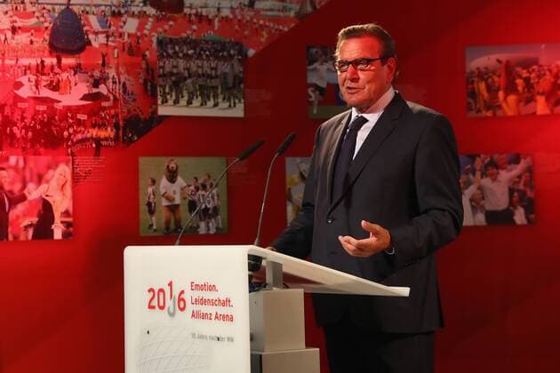 MUNICH, GERMANY - AUGUST 26: Former German Chancellor Gerhard Schroeder speaks during a Allianz Arena ceremonial act prior to the Bundesliga match between Bayern Muenchen and Werder Bremen at Allianz Arena on August 26, 2016 in Munich, Germany. Gerhard Schroeder
