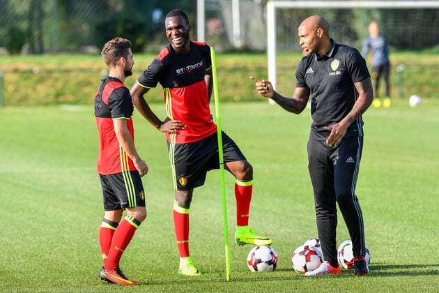 Belgium s Dries Mertens, Belgium s Christian Benteke and Belgium s assistant coach Thierry Henry pictured during a training session of Belgian national soccer team Red Devils, on Monday 29 August 2016, in Brussels. The Red Devils will play a World Championships 2018 Qualification game against Cyprus on September 6th. LUCxCLAESSEN  x04921393x