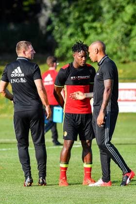 Belgium s assistant coach Graeme Jones, Belgium s Michy Batshuayi and Belgium s assistant coach Thierry Henry pictured during a training session of Belgian national soccer team Red Devils, on Monday 29 August 2016, in Brussels. The Red Devils will play a World Championships 2018 Qualification game against Cyprus on September 6th. LUCxCLAESSEN  x04921402x