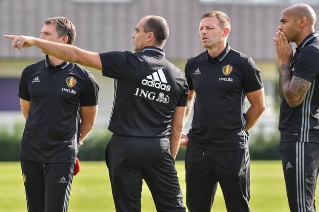 Belgium s head coach Roberto Martinez, Belgium s assistant coach Graeme Jones and Belgium s assistant coach Thierry Henry pictured during a training session of Belgian national soccer team Red Devils, on Monday 29 August 2016, in Brussels. The Red Devils will play a World Championships 2018 Qualification game against Cyprus on September 6th. LUCxCLAESSEN  x04921442x