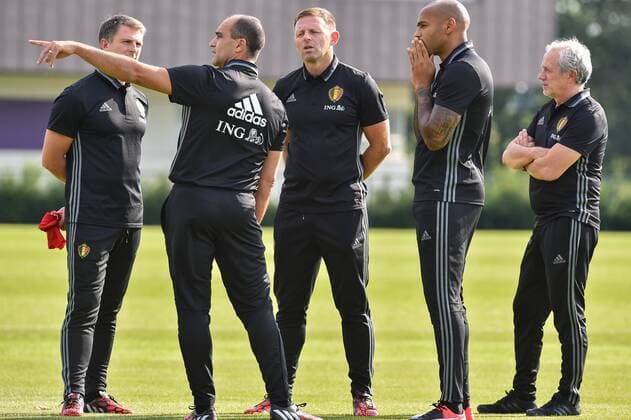 Belgium s head coach Roberto Martinez, Belgium s assistant coach Graeme Jones and Belgium s assistant coach Thierry Henry pictured during a training session of Belgian national soccer team Red Devils, on Monday 29 August 2016, in Brussels. The Red Devils will play a World Championships 2018 Qualification game against Cyprus on September 6th. LUCxCLAESSEN  x04921444x
