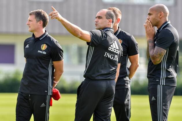 Belgium s head coach Roberto Martinez and Belgium s assistant coach Thierry Henry pictured ahead of a training session of Belgian national soccer team Red Devils, on Monday 29 August 2016, in Brussels. The Red Devils will play a World Championships 2018 Qualification game against Cyprus on September 6th. LUCxCLAESSEN  x04921470x