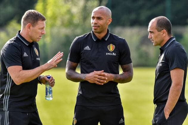Belgium s assistant coach Graeme Jones, Belgium s assistant coach Thierry Henry and Belgium s head coach Roberto Martinez pictured during a training session of Belgian national soccer team Red Devils, on Monday 29 August 2016, in Brussels. The Red Devils will play a World Championships 2018 Qualification game against Cyprus on September 6th. LUCxCLAESSEN  x04921477x