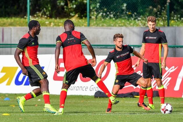 Belgium s Romelu Lukaku, Belgium s Dries Mertens and Belgium s Thomas Meunier pictured during a training session of Belgian national soccer team Red Devils, on Monday 29 August 2016, in Brussels. The Red Devils will play a World Championships 2018 Qualification game against Cyprus on September 6th. LUCxCLAESSEN  x04921683x
