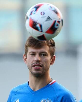MOSCOW REGION, RUSSIA - AUGUST 29, 2016: Fyodor Smolov during a training session of the Russian national football team at Khimki Arena Stadium ahead of international football friendlies against Turkey and Ghana. Valery Sharifulin TASS  TS02F1D8