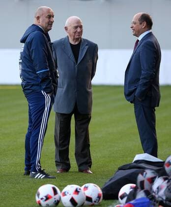 MOSCOW REGION, RUSSIA - AUGUST 29, 2016: The head coach of the Russian national football team, Stanislav Cherchesov, first deputy president of the Russian Football Union Nikita Simonyan, and Russian Football Premier League president Sergei Pryadkin (L-R) during a training session of the Russian national football team at Khimki Arena Stadium ahead of international football friendlies against Turkey and Ghana. Valery Sharifulin TASS  TS02F1DB