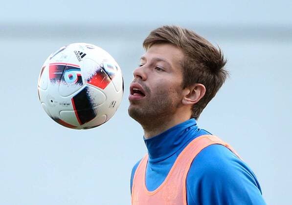 MOSCOW REGION, RUSSIA - AUGUST 29, 2016: Forward Fyodor Smolov of the Russian men s national football team during a training session at Arena Khimki Stadium ahead of friendly matches against Turkey and Ghana. Valery Sharifulin TASS  TS02F1D0