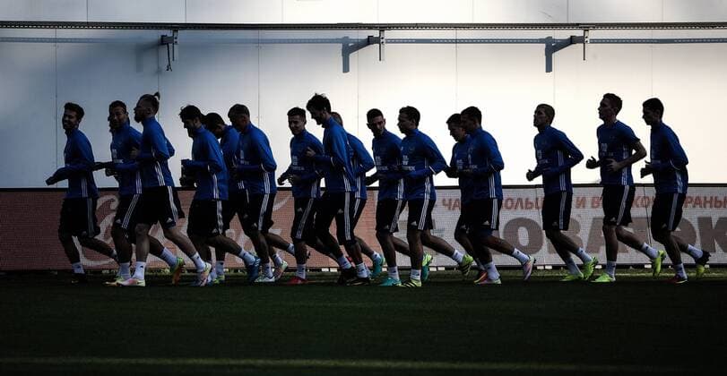 MOSCOW REGION, RUSSIA - AUGUST 29, 2016: Members of the Russian men s national football team during a training session at Arena Khimki Stadium ahead of friendly matches against Turkey and Ghana. Valery Sharifulin TASS  TS02F1D4