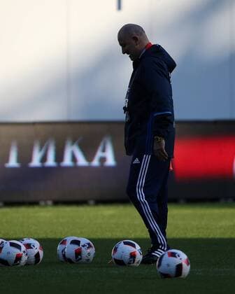 MOSCOW REGION, RUSSIA - AUGUST 29, 2016: Stanislav Cherchesov, head coach of the Russian men s national football team, during a training session at Arena Khimki Stadium ahead of friendly matches against Turkey and Ghana. Valery Sharifulin TASS  TS02F1D5