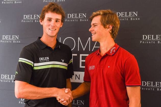 Thomas Pieters and Thomas Detry at the press conference PK Pressekonferenz during the 2nd Thomas Pieters Belgian Tour Event. at Chateau Ravenstein in Tervuren GOLF : Thomas Pieters - Belgian Tour Event - Tervuren - 30 08 2016 Photonews Panoramic 
