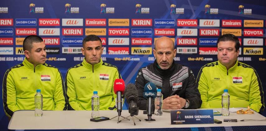 (160831) -- PERTH, Aug. 31, 2016 -- Iraqi soccer team coach Radhi Shenaishil (2nd R) answers questions at a press conference PK Pressekonferenz before the 2018 FIFA World Cup WM Weltmeisterschaft Fussball qualifier match against Australia in Perth, Australia, Aug. 31, 2016. The match will kick off on Sept. 1. ) (SP)AUSTRALIA-PERTH-WORLD CUP QUALIFIER-PRESS CONFERENCE ZhuxHongye 