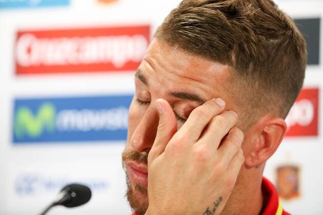 Spain s Sergio Ramos pictured during a press conference PK Pressekonferenz of the Spanish national soccer team, on Wednesday 31 August 2016, in Brussels. Tomorrow Spain is playing a friendly game against Belgian national soccer team Red Devils. VIRGINIExLEFOUR  x04922631x