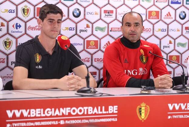 Belgium s goalkeeper Thibaut Courtois and Belgium s head coach Roberto Martinez pictured during a press conference PK Pressekonferenz of Belgian national soccer team Red Devils, on Wednesday 31 August 2016, in Brussels. The Red Devils are preparing for a friendly match against Spain tomorrow, and a World Championships 2018 Qualification game against Cyprus on September 6th. VIRGINIExLEFOUR  x04922785x