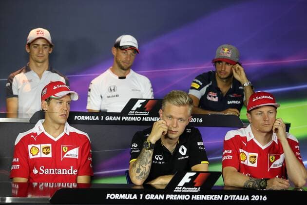 Italian Grand Prix, Monza 01 - 04 September 2016 01.09.2016 - press conference PK Pressekonferenz (From back row) (L-R), Esteban Gutierrez (MEX) Haas F1 Team VF-16, Jenson Button (GBR) McLaren Honda MP4-31, Carlos Sainz Jr (ESP) Scuderia Toro Rosso STR11 Sebastian Vettel (GER) Scuderia Ferrari SF16-H, Kevin Magnussen (DEN) Renault F1 Team RS16 and Kimi Raikkonen (FIN) Scuderia Ferrari SF16-H 