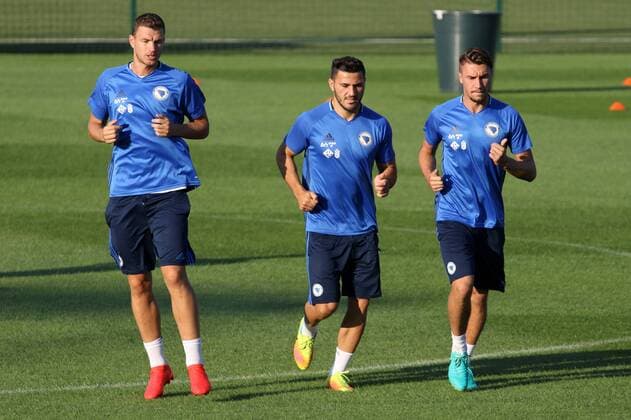 FIFA World Cup WM Weltmeisterschaft Fussball Qualifiers - group H - Bosnia and Herzegovina training 02.09.2016., Zenica, Bosnia and Herzegovina - Training of football nationa team of Bosnia and Herzegovina at the training center of NS FS BiH. national team Nationalteam of Bosnia will spend here another four days, followed by the first qualifying match for the FIFA World cup against Estonia. Edin Dzeko, Sead Kolasinac, Ermin Bicakic.  ArminxDurgut HaloPix PIXSELL
