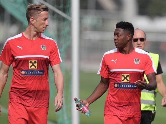 SOCCER - FIFA World Cup WM Weltmeisterschaft Fussball 2018 quali, GEO vs AUT VIENNA,AUSTRIA,03.SEP.16 - SOCCER - FIFA World Cup 2018, european qualifiers, OEFB international match Länderspiel Georgia vs Austria, preview, training. Image shows Marc Janko and David Alaba (AUT). GEPAxpictures xChristianxOrt