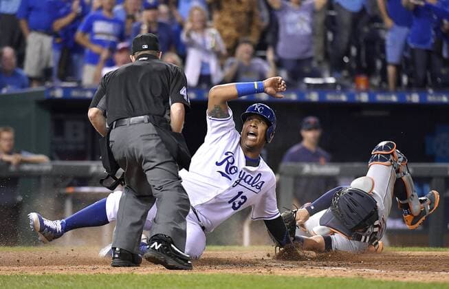 September 3, 2016 - Kansas City, MO, USA - The Kansas City Royals Salvador Perez (13) scores before the tag from Detroit Tigers catcher James McCann in the eighth inning on Saturday, Sept. 3, 2016, at Kauffman Stadium in Kansas City, Mo. Detroit at Kansas City - ZUMAm67_