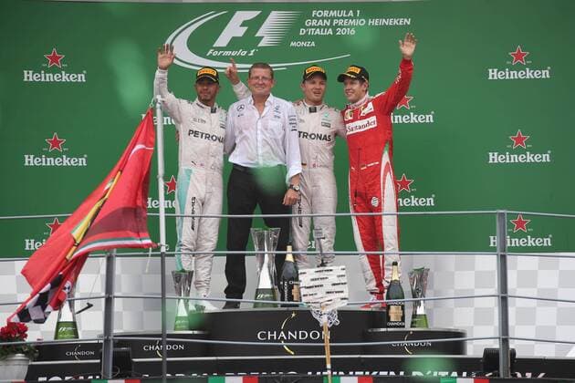 IPP20160904 Motorsports: FIA Formula One World Championship WM Weltmeisterschaft 2016, Grand Prix of Italy, Podio: 1 Nico Rosberg; 2 Lewis Hamilton; 3 Sebastian Vettel -  xHOCHxZWEIx xItalyxPhotoxPressx