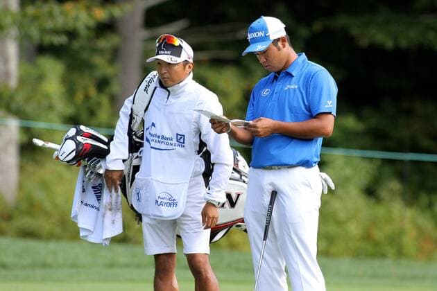 September 4, 2016: Hideki Matsuyama and his caddie on 1 at the Deutsche Bank Championship at the TPC Boston in Norton, Massachusetts. (Photo by Malcolm Hope Icon Sportswire) GOLF: SEP 04 PGA Golf Herren - Deutsche Bank Championship - Third Round Icon160904011 EDITORIAL USE ONLY