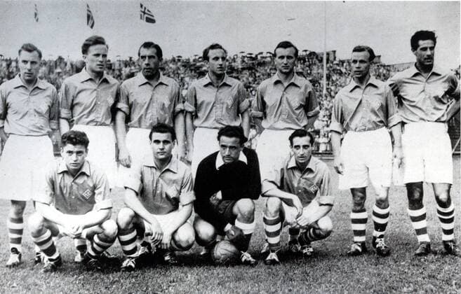 Saarland Nationalmannschaft in Oslo Waldemar Philippi, Werner Otto, Peter Momber, Karl Schirra, Herbert Martin, Herbert Binkert, Clemens, Albert Keck, Theodor Theo Puff, Erwin Strempel, Gerhard Siedel 1953