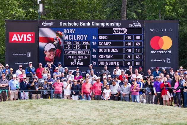 September 5, 2016; Norton, MA, USA; A general view of the leaderboard with the image of Rory McIlroy during the final round of the Deutsche Bank Championship at TPC Boston. Cal Media PGA Golf Herren 2016: Deutsche Bank Championship SEP 05 - ZUMAc04_