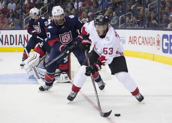 Eishockey, World Cup of Hockey, USA - Kanada 09 September 2016: Brad Marchand 63 of Team Canada and Ryan Kesler 27 of Team USA during the World Cup of Hockey friendly between Team USA and Team Canada held at Nationwide Arena.(Photo Credit: Jason Mowry ICON Sportswire) HOCKEY: SEP 09 World Cup of Hockey Pre-Tournament - Team Canada v Team USA Icon160909009 EDITORIAL USE ONLY