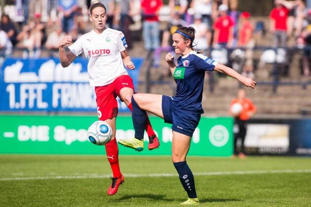10.09.2016, xfrx, Fussball 1.Bundesliga Damen, Turbine Potsdam - 1.FFC Frankfurt v.l. Saskia Matheis (1.FFC Frankfurt),Sarah Zadrazil (1.FFC Turbine Potsdam) Potsdam