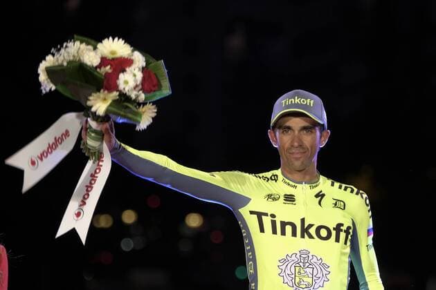 September 11, 2016 - Madrid, Madrid, Spain - Tinkoff s cyclist Alberto Contador celebrates on the podium of the last stage of the 71st edition of La Vuelta Tour of Spain, a 104.8km route Las Rozas to Madrid, on September 11, 2016. Podium of the Vuelta of Spain 2016  - ZUMAn230