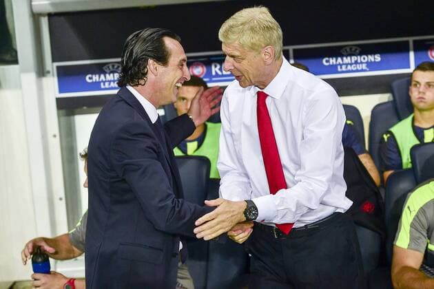 EMERY Unai (PSG) - Coach serrant la main a Arsene Wenger (Arsenal) - Coach FOOTBALL : Paris St. Germain Paris St. Germain (PSG) vs Arsenal FC London FC London - Champions League - 13 09 2016 JBAutissierx 