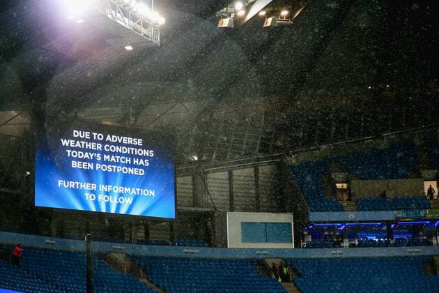 A general view, SEPTEMBER 13, 2016 - Football Soccer : The big screen announcing that due to the weather condition the match has been postponed during the UEFA Champions League Group Stage match between Manchester City and Borussia Monchengladbach at Etihad Stadium in Manchester, England. Noxthirdxpartyxsales  (mdga011852)