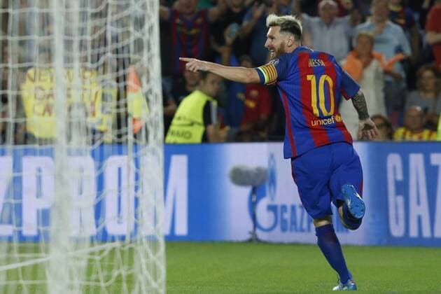 (160914) -- BARCELONA, Sept. 13, 2016 -- Barcelona s Lionel Messi celebrates scoring during the UEFA Champions League Group C match between Barcelona and Celtic in Barcelona, Sept. 13, 2016. Barcelona won 7-0. ) (SP)SPAIN-BARCELONA-SOCCER-UEFA CHAMPIONS LEAGUE-GROUP C PauxBarrena 