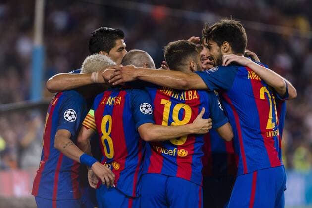 SPAIN - 13th Sep: Iniesta with his teammates of FC Barcelona Barca celebrates after scoring the goal during the UEFA Champions League round of 1 of group stage match between FC Barcelona - Celtic FC, played at Camp Nou Stadium on 13th Sep 2016 in Barcelona, Spain.  xMikelxTriguerosx xSPAINxx-xFCxBarcelonax-xCelticxFCx-xChampionsxLeaguex-x2016 17x