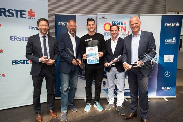 TENNIS - ATP Tennis Herren Erste Bank Open 2016 VIENNA,AUSTRIA,14.SEP.16 - TENNIS - ATP World Tour, Erste Bank Open, press conference PK Pressekonferenz Image shows Thomas Schaufler (Erste Bank), Thomas Muster, Dominic Thiem (AUT), Kurt Gollowitzer (CEO Wiener Stadthalle) and organiser Herwig Straka (emotion). GEPAxpictures xM.xHoermandinger