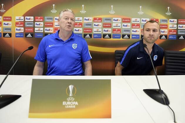 Genk s head coach Peter Maes and Genk s Thomas Buffel pictured during a press conference PK Pressekonferenz of Belgian first league soccer team KRC Genk in Vienna, Austria, Wednesday 14 September 2016. Tomorrow Genk is playing the first game of the group stage of the Europa League competition against Austrian club Rapid Wien, in the group F. YORICKxJANSENS  x04931455x