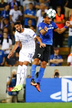 Leicester s Riyad Mahrez and Club s Ricardo van Rhijn fight for the ball during a game of the first day of the group stage of the UEFA Champions League competition between Belgian first division soccer team Club Brugge KV and English club Leicester City F.C. in the group G in Brugge, Wednesday 14 September 2016. KURTxDESPLENTER  x04931835x
