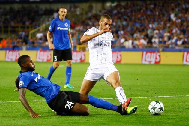 Club s Stefano Denswil and Leicester s Islam Slimani fight for the ball during a game of the first day of the group stage of the UEFA Champions League competition between Belgian first division soccer team Club Brugge KV and English club Leicester City F.C. in the group G in Brugge, Wednesday 14 September 2016. KURTxDESPLENTER  x04931937x