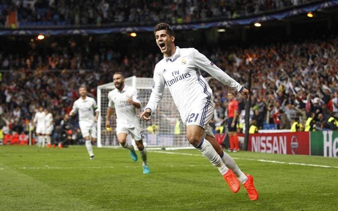 Fußball, CL, Real Madrid - Sporting Lissabon Morata. Champions League match between Real Madrid and Sporting Lisboa. In this picture, Morata celebrates his goal. xAngelxRiverox 