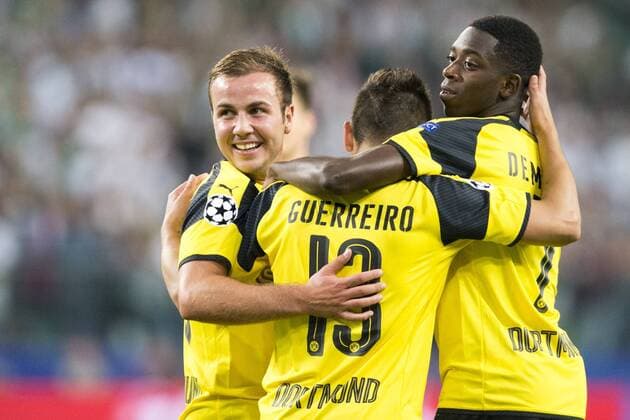 Fußball, CL, Legia Warschau - Borussia Dortmund CL 2016 17 Legia vs Borussia Champions League group stage - Legia Warszawa vs. Borussia Dortmund on September 14, 2016 in Warsaw, Poland. In the picture: Mario Gotze, Raphael Guerreiro, Ousmane Dembele gol na 0:4  EN_01224542_0170