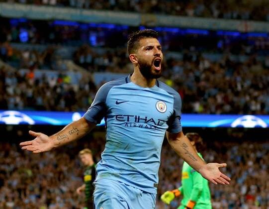 Sergio Aguero of Manchester City celebrates his hat-rick goal during the UEFA Champions League Group C match at The Etihad Stadium, Manchester. Picture date: September 14th, 2016. Pic Simon Bellis Sportimage EDITORIAL USE ONLY. No use with unauthorised audio, video, data, fixture lists, club league logos or live services. Online in-match use limited to 120 images, no video emulation. No use in betting, games or single club league player publications.