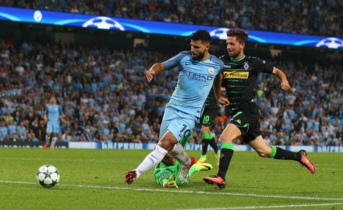 Sergio Aguero of Manchester City scores his hat rick goal during the UEFA Champions League Group C match at The Etihad Stadium, Manchester. Picture date: September 14th, 2016. Pic Simon Bellis Sportimage EDITORIAL USE ONLY. No use with unauthorised audio, video, data, fixture lists, club league logos or live services. Online in-match use limited to 120 images, no video emulation. No use in betting, games or single club league player publications.
