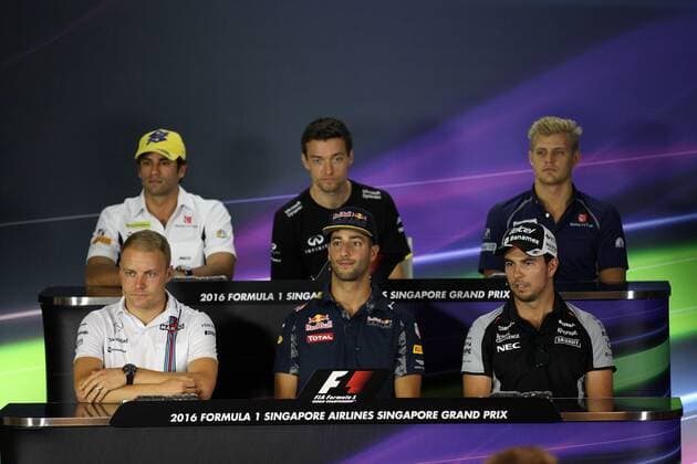 Formel 1, GP von Singapur, Pressekonferenz Singapore Grand Prix 15 - 18 September 2016 15.09.2016 - press conference PK Pressekonferenz Felipe Nasr (BRA) Sauber C34, Jolyon Palmer (GBR) Renault F1 Team RS16, Marcus Ericsson (SUE) Sauber C34, Valtteri Bottas (FIN) Williams FW38, Daniel Ricciardo (AUS) Red Bull Racing RB12 and Sergio Perez (MEX) Sahara Force India F1 VJM09 