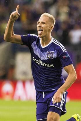Anderlecht s Lukasz Teodorczyk celebrates after scoring during a soccer game between Belgian team RSC Anderlecht and Azerbaidjan club Gabala FK, Thursday 15 September 2016 in Brussels, the first game of the group stage of the Europa League competition in group C. LAURIExDIEFFEMBACQ  x04932537x