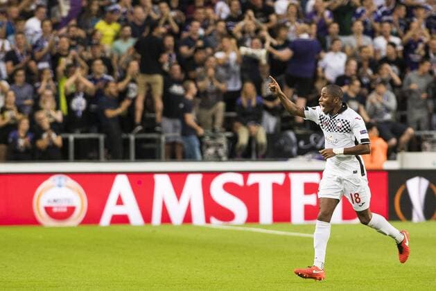 Gabala s Bagaliy Dabo celebrates after scoring during a soccer game between Belgian team RSC Anderlecht and Azerbaidjan club Gabala FK, Thursday 15 September 2016 in Brussels, the first game of the group stage of the Europa League competition in group C. LAURIExDIEFFEMBACQ  x04932561x