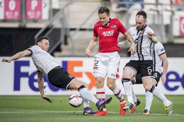 (L-R) Andy Boyle of Dundalk FC, Mattias Johansson of AZ Alkmaar, Stephen O Donnell of Dundalk FC, Dane Massey of Dundalk FCduring the UEFA Europa League group D match between AZ Alkmaar and Dundalk FC on September 15, 2016 at the AFAS stadium in Alkmaar, The Netherlands. AZ Alkmaar v Dundalk UEFA Europa League 2016 2017 xVIxGerritxvanxKeulenxIVx 6222447