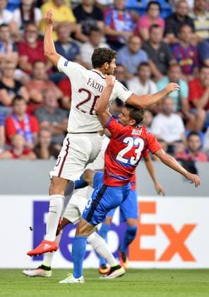 Federico Fazio (Roma), left, and Marek Bakos (Pilsen) in action during the UEFA Europe League, group E, 1st round match FC Viktoria Pilsen vs AS Roma, in Pilsen, Czech Republic, on Thursday, September 15, 2016. (CTKxPhoto MiroslavxChaloupka) CTKPhotoP201609150888901  CHA 2